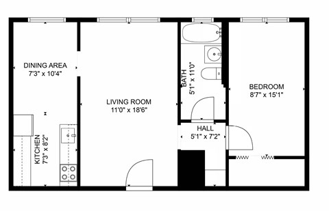 Floor plan for 1 bed, 1 bath, 500 sqft